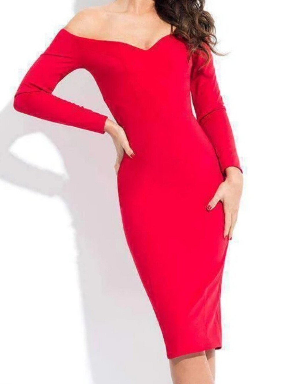 Rachel Allan LBD L1121 Red Jersey Long Sleeve Off Shoulder Midi Cocktail Dress 6